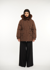 Faux Fur Mid-Length Hooded Drawstring ParkaSplashproof