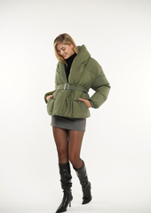 Mid Length Belted magnet button Puffer Jacket Splashproof